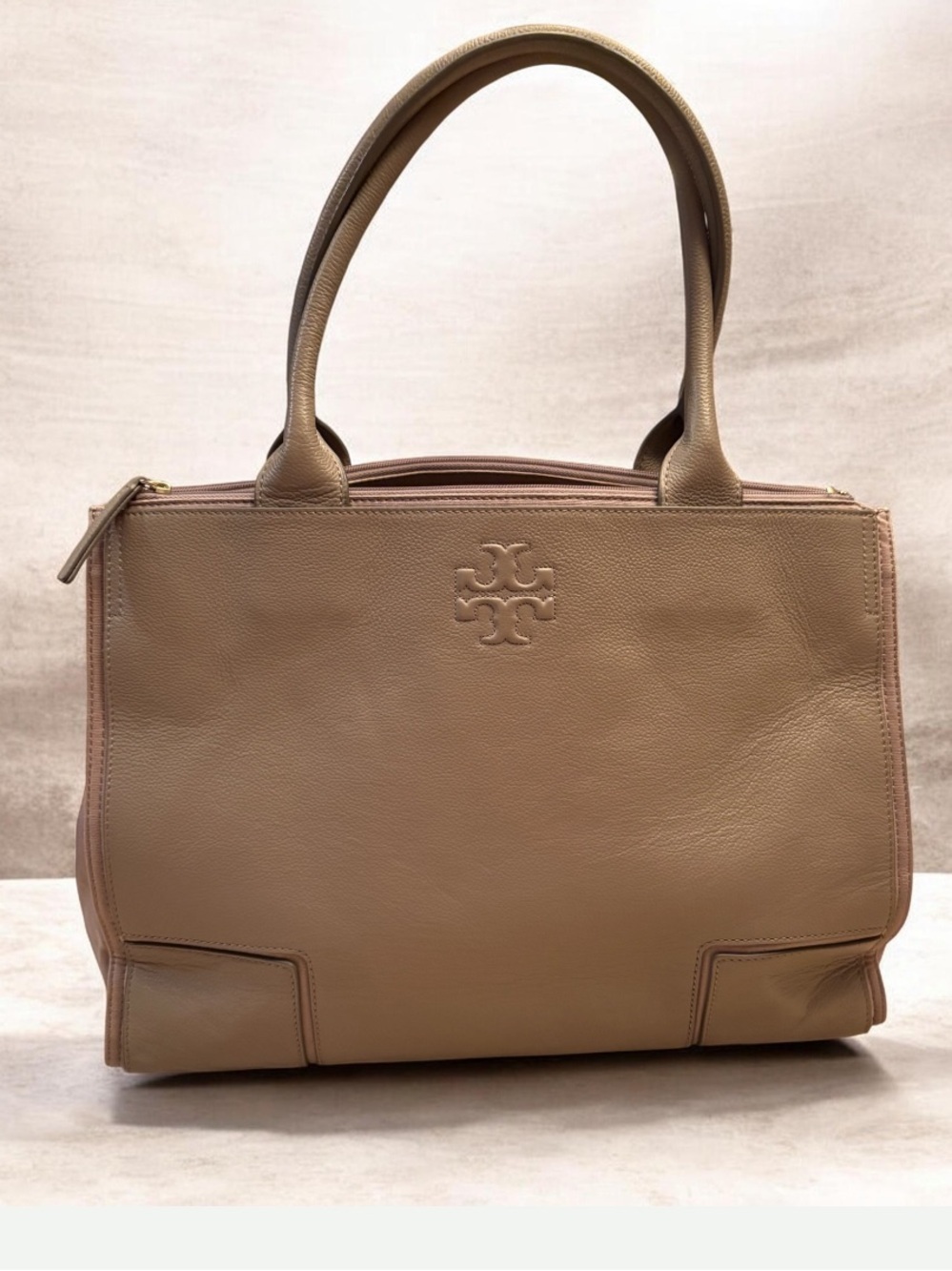 Tory Burch Ella Tan Pebbled Leather and Canvas Tote